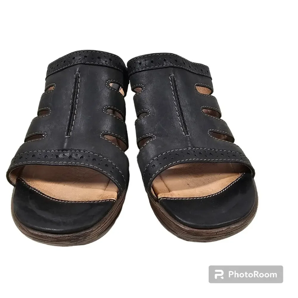 Sanita Nina Black Leather Peekaboo Slides Block Heel EU 40; US 9